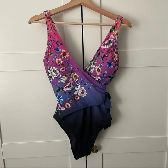 Johnny Was Ombré Garden Wrap One Piece Bathing Suit XS Multi Flowers V Neck - Picture 2 of 14